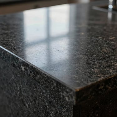 Extreme close-up of a perfectly polished dark natural stone countertop, a soft reflection of a window in daylight, pristine and clean texture.