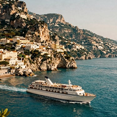 Private coastal cruise sailing past Amalfi cliffs, deep teal water, sun-drenched