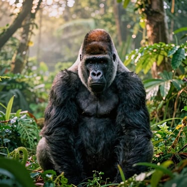 A majestic silverback gorilla sitting in lush green volcanic jungle, soft mist, deep green tones