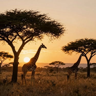 African safari at sunset, silhouette of acacia trees and giraffes, golden sky