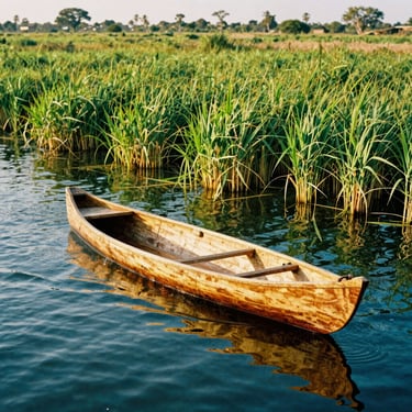 A traditional wooden mokoro canoe navigating the crystal clear waters of Okavango Delta, lush green reeds, bright sun