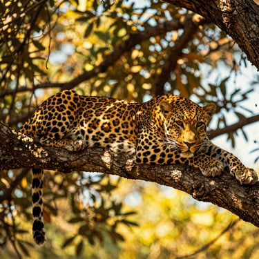 A majestic leopard resting on a thick tree branch, dappled golden sunlight filtering through leaves, 35mm film aesthetic