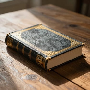 A beautifully bound heritage book with gold foil detailing resting on a rustic wooden table in morning sunlight.