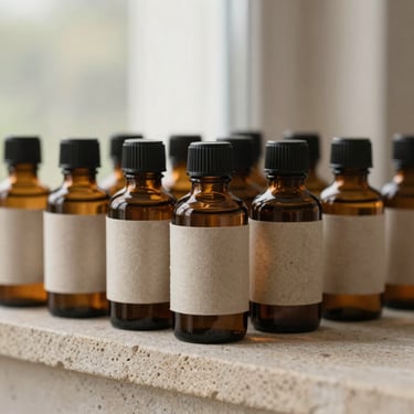 Amber glass apothecary bottles with minimalist textured paper labels, arranged neatly on a stone shelf under soft natural light.