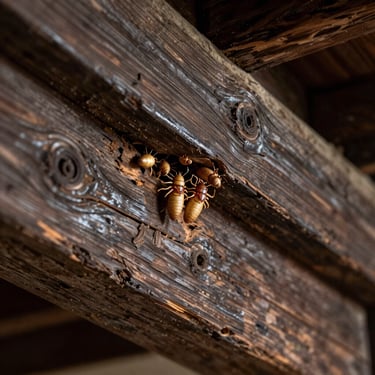 Close-up of drywood termite damage in historic dark wooden beam, clean lighting showing wood tunnels.