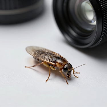 Macro scientific shot of a flea on a clean white surface, high-contrast clinical lighting.