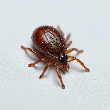 Macro photography of a lone tick on a light sterile background, sharp scientific documentation style.
