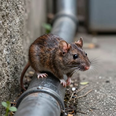 Macro photo of a brown rat near a drainage pipe in an urban alley, focused clinical lighting.