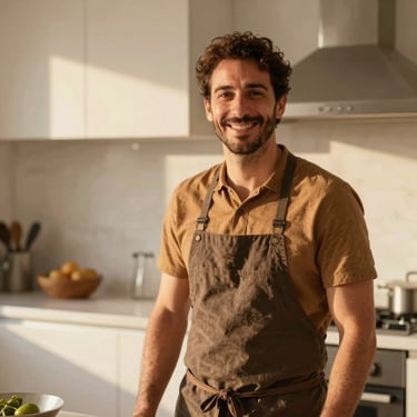 Professional portrait of a Mediterranean culinary partner, male, in a clean modern kitchen, smiling, warm lighting