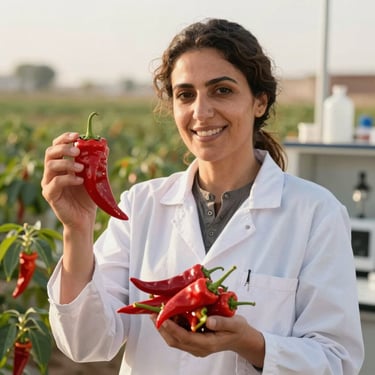 Professional portrait of a Tunisian agricultural scientist, female, holding fresh red chili peppers, smiling, in a bright laboratory setting