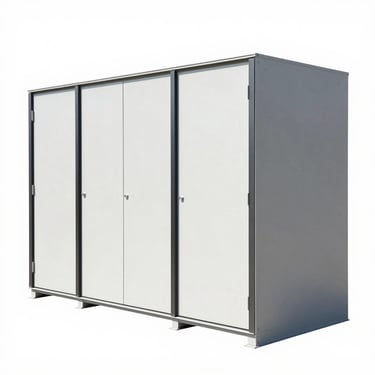 High-capacity lithium battery storage rack, heavy-duty industrial enclosure, clean white background