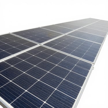 Close-up of a Tier-1 monocrystalline solar panel, clean white background, sharp industrial studio lighting