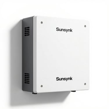 Sunsynk hybrid inverter unit, wall-mounted, front view, clean white background, sharp daylight lighting