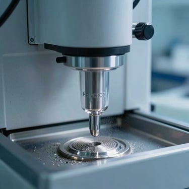 Precise dental laboratory vacuum filtration system, macro shot of metallic dust captured in a clinical filter, sterile blue-toned lighting