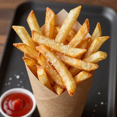 Overhead close-up of crispy golden french fries in a paper cone with ketchup on a dark tray, bright studio light, salt crystals visible