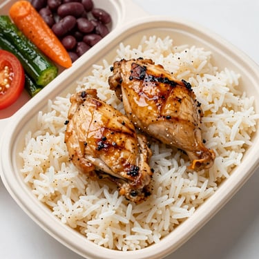 Overhead close-up of a marmita fitness with rice, grilled chicken, vegetables and beans in a divided container, clean bright light