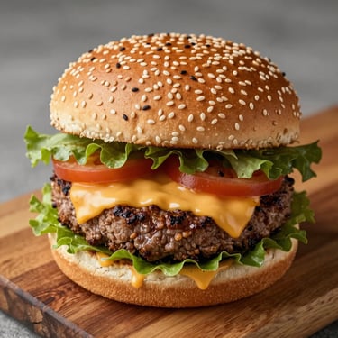 Overhead close-up of a juicy artisan burger with sesame bun, melted cheese and fresh toppings on a wooden board, soft studio light