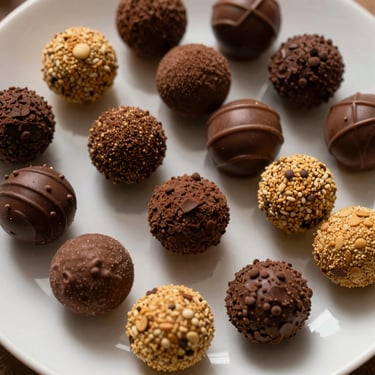 Overhead 45-degree shot of assorted chocolate truffles and brigadeiros on a white plate, golden soft light, rich textures visible