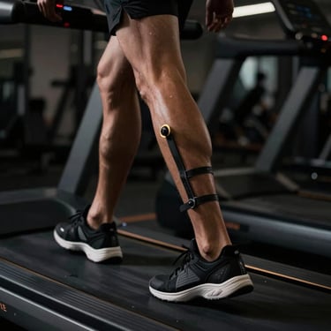 Close-up of biomechanical sensors on an athlete's leg during treadmill analysis, dark editorial fitness photography, dramatic side-lighting.