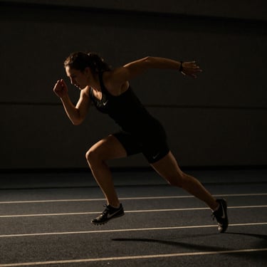 Focused athlete in motion sprinting on an indoor track, shallow depth of field, dark charcoal tones, dramatic low-key side-lighting.