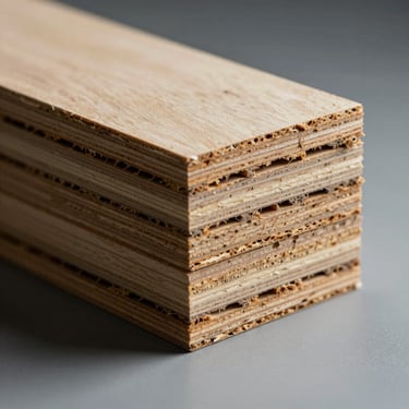 Macro cross-section of multi-layered industrial plywood, showing high-density core layers and zero-void lamination under cool studio lighting.