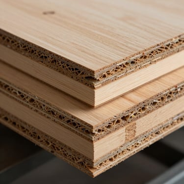 Close-up of industrial laminboard core structure, highlighting the solid wood strip core and seamless outer face.