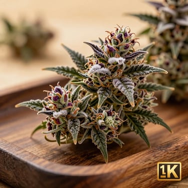 Macro photograph of purple-tinted cannabis flower with frosty white trichomes on a rustic wooden tray, warm golden hour light