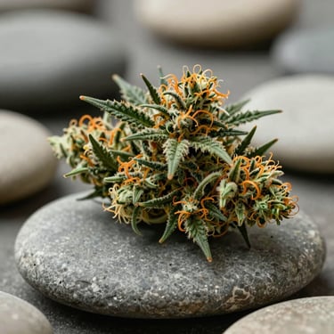 Close-up of vibrant green cannabis bud with bright orange pistils resting on a smooth grey river stone, soft diffused natural daylight