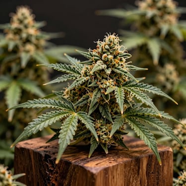 Macro shot of dense, trichome-rich forest green cannabis flower resting on a dark walnut wood block, warm low-contrast morning light