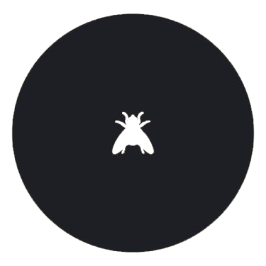 A black housefly silhouette centered inside a dark gray circle on a black background.