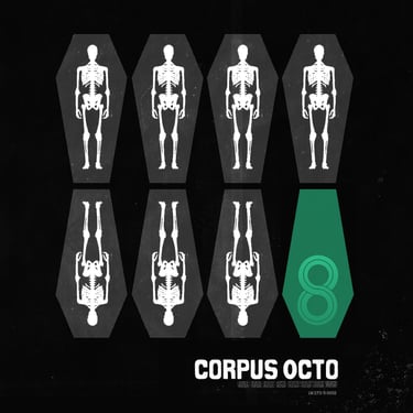 Graphic art featuring human skeletons in coffins with a green eighth coffin icon for Corpus Octo.