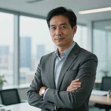 Portrait of a confident businessman in a modern International / Global office with a skyline view. He looks directly at the camera with an expression of expertise and empathy. Soft teal and grey tones.