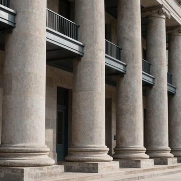Architectural detail of classic stone pillars and clean steel lines of a modern Delaware courthouse, soft directional daylight, high-contrast shadows.