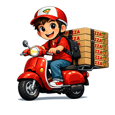 Cartoon pizza delivery boy riding a red motor scooter with a stack of pizza boxes.