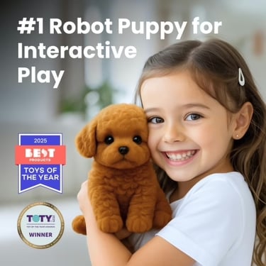 Girl smiling while holding a fluffy brown robot puppy toy, with product awards and “#1 Robot Puppy f