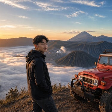 A man stands beside a red vintage Toyota Land Cruiser overlooking Mount Bromo volcano and a sea of clouds at sunrise in