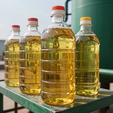 Refined golden crude soybean oil in a clear industrial glass container, bright daylight