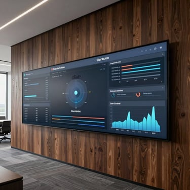 Wide architectural shot of a modern office with an interactive studio dashboard mounted on a dark oak wall.