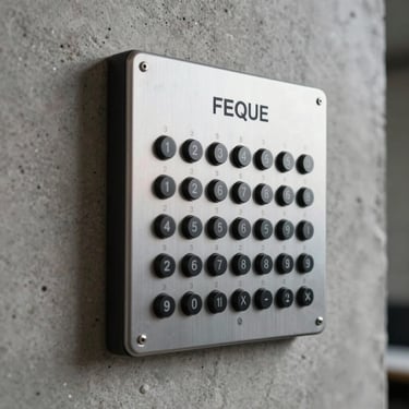 Close-up of a wall-mounted aluminum scheduler outside a raw concrete room, sharp highlights on metallic edges.