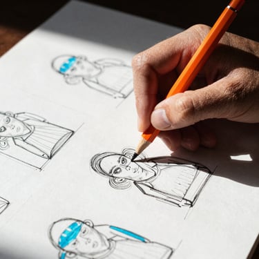 Tight macro crop of creative director sketching campaign layouts, high-contrast studio flash, sharp shadows