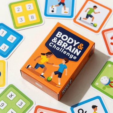 Top-down crisp product shot of the Body & Brain Challenge card game box, vibrant orange and deep navy packaging, surrounded by colorful math and action cards on a clean athletic surface, sharp focus, high-key studio lighting
