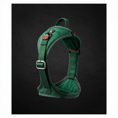 Studio shot of a durable green multi-handle dog harness with steel leash attachments, side lighting