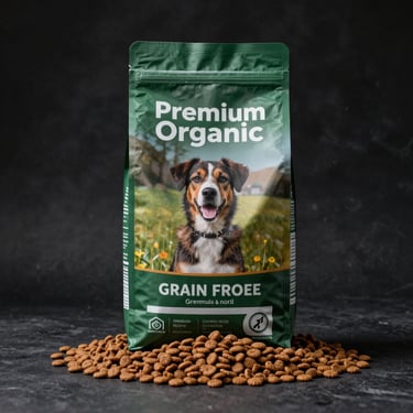 Studio shot of a bag of premium organic grain-free dog kibble on a dark background