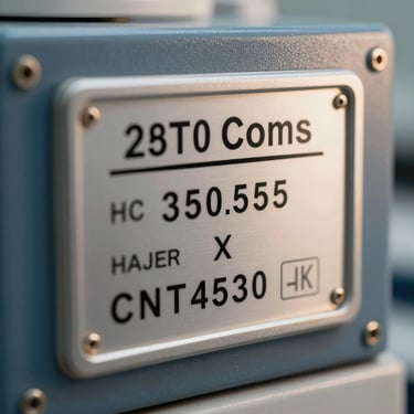 Extreme close-up of a regulatory certification nameplate affixed to a medical device panel, tungsten practical lighting from the right, serial number and approval markings in sharp focus, steel-blue chassis surface visible at edges