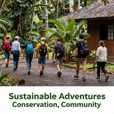 A vibrant group of travelers exploring a lush rainforest with local guides, highlighting sustainable tourism.