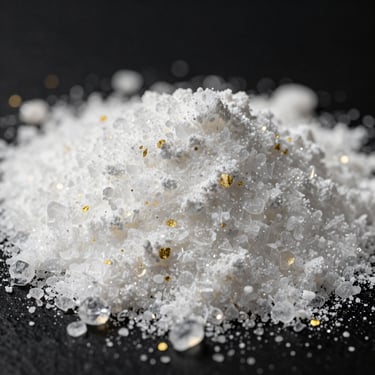 Close-up macro shot of pure white crystalline Creatine Monohydrate powder under sharp studio light, deep black background, golden highlights