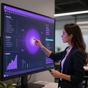 Candid low-light architectural office shot of a female design director examining a glowing violet interface on a dark screen, sharp focus.