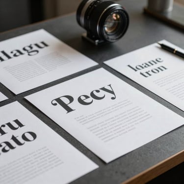 Close-up of physical design mockups and typography sheets on a charcoal desk, high-contrast studio lighting
