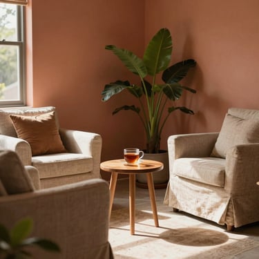 A sunlit, warm counseling room in California with soft terracotta walls, comfortable linen chairs, a small wooden table with warm tea, and lush green plants in the corner.