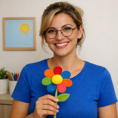 Smiling woman with blonde hair in an updo, wearing blue shirt, holding colorful felt flower.